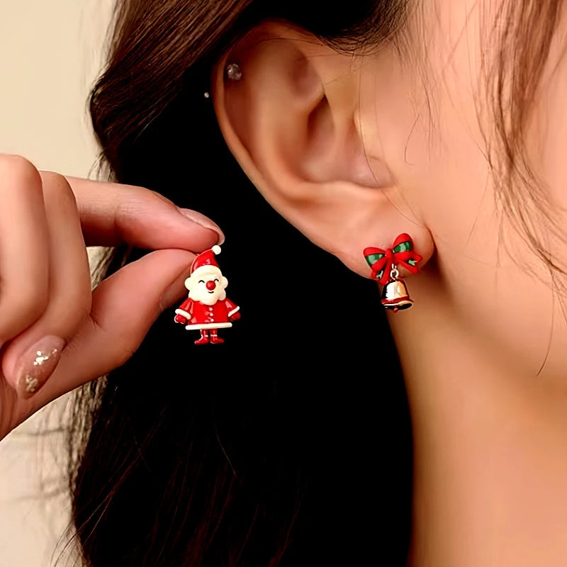 Silver Post Christmas Asymmetrical Santa Claus Bell Earrings - elegant Asymmetrical Christmas Earrings
