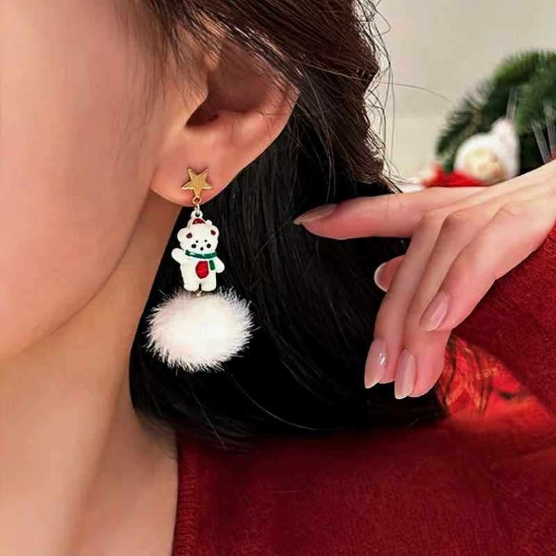 Model showcasing the dangle and style of the Silver Post Christmas Bear Earrings