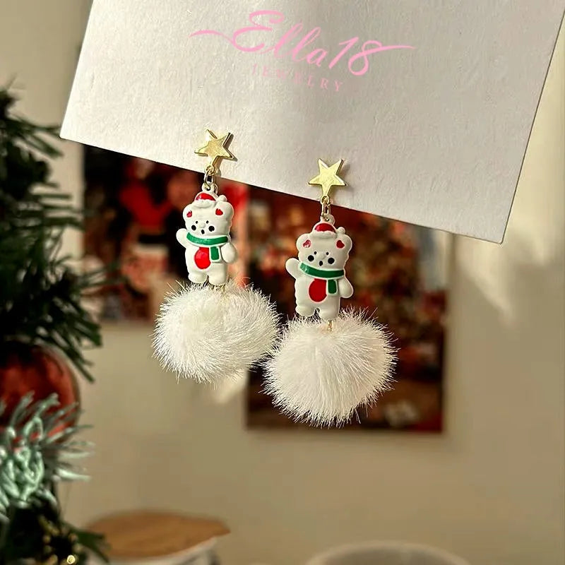 Close-up detail of the sparkling zircons and plating on the Christmas Bear Earrings