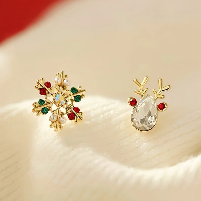 Angled view of the Silver Post Christmas Crystal Elk Snowflake Earrings