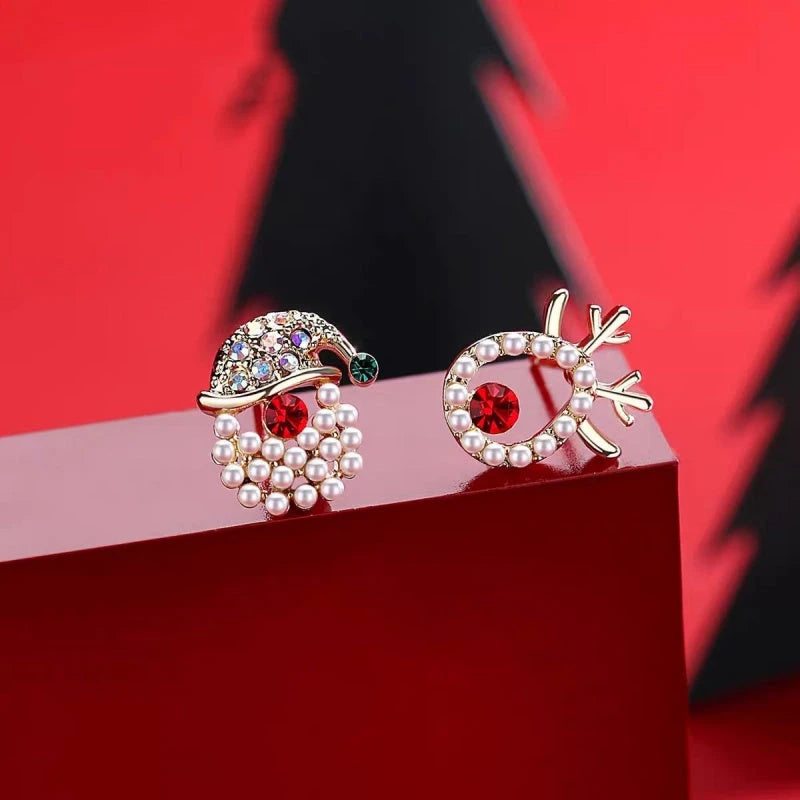 Silver Post Christmas Crystal Santa Claus Elk Earrings - elegant Santa Elk Earrings