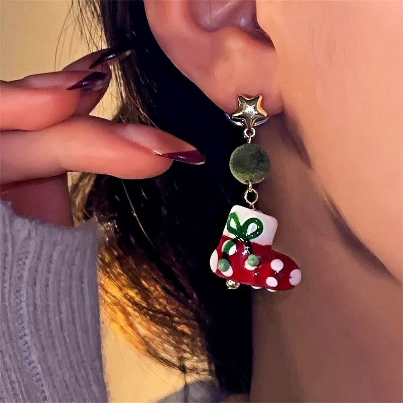 Close-up detail of the sparkling zircons and plating on the Christmas Sock Earrings