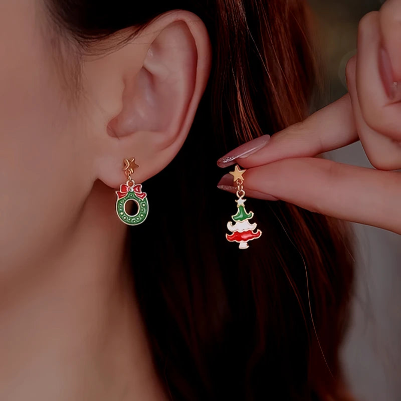 Silver Post Christmas Tree Wreath Asymmetrical Earrings - elegant Asymmetrical Christmas Earrings