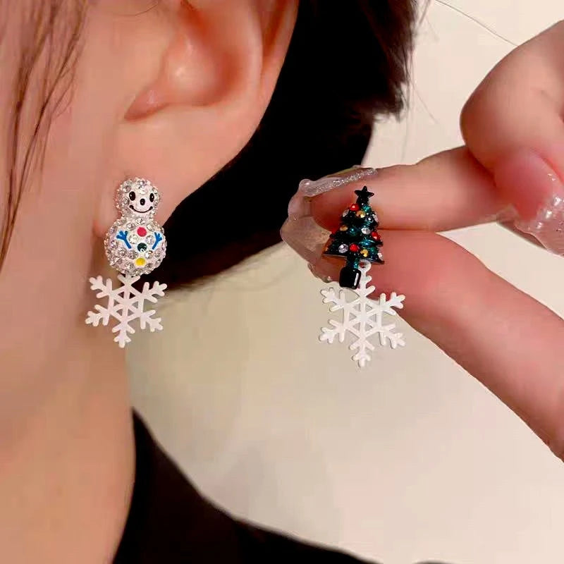 Silver Post Snowman Christmas Tree Snowflake Earrings - elegant Christmas Dangle Earrings