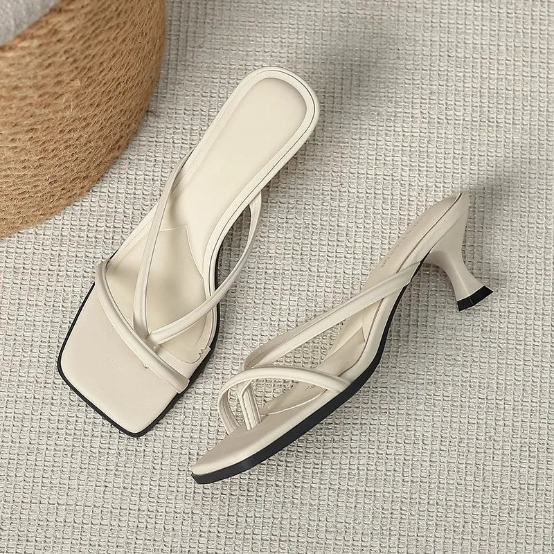 Angled view of the stylish Square Toe Thong High Heel Sandals