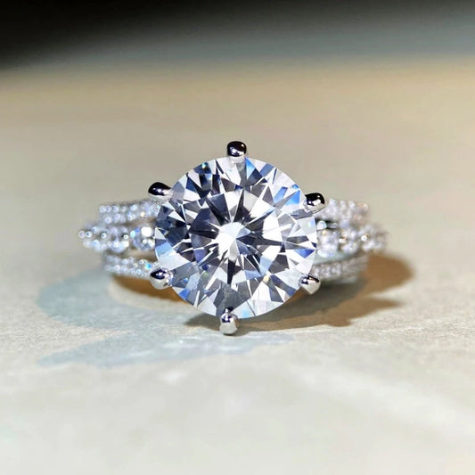 Sterling Silver 5 Carat Moissanite Rings worn on the hand to show its beautiful fit and design