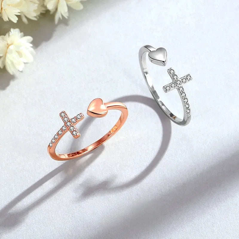 Sterling Silver Adjustable Cross Love Heart Rings - stunning Heart Ring