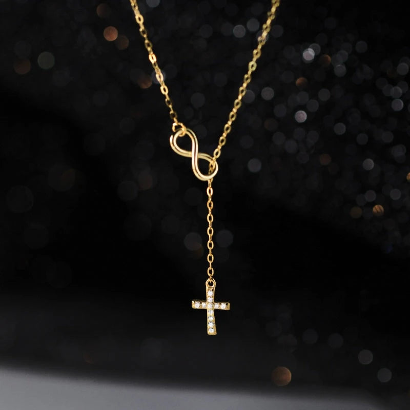Sterling Silver Adjustable Diamond Cross Necklace worn to showcase its length and pendant detail