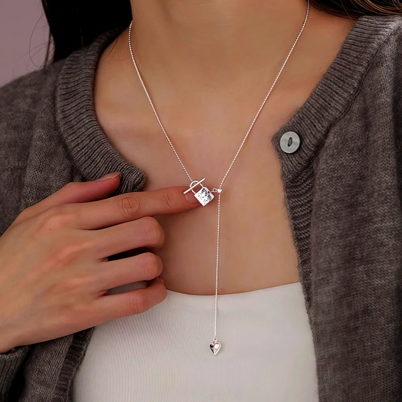 Sterling Silver Adjustable Small Silver Lock Heart Tassel Necklace - beautiful Lock Heart Tassel