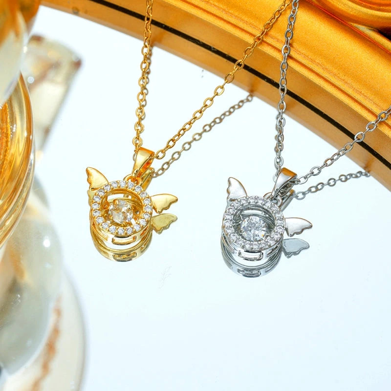 Sterling Silver Angel Wings Necklace worn to showcase its length and pendant detail