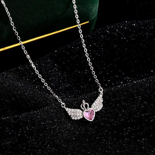 Sterling Silver Angel Wings Necklace worn to showcase its length and pendant detail