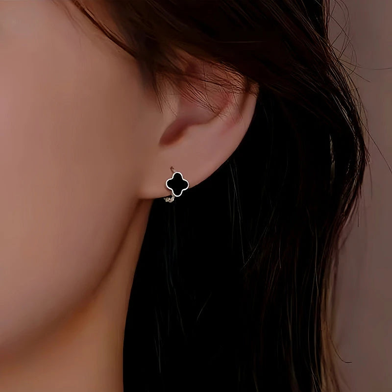Sterling Silver Black Four-Leaf Clover Hoop Earrings - elegant Clover Hoop Earrings