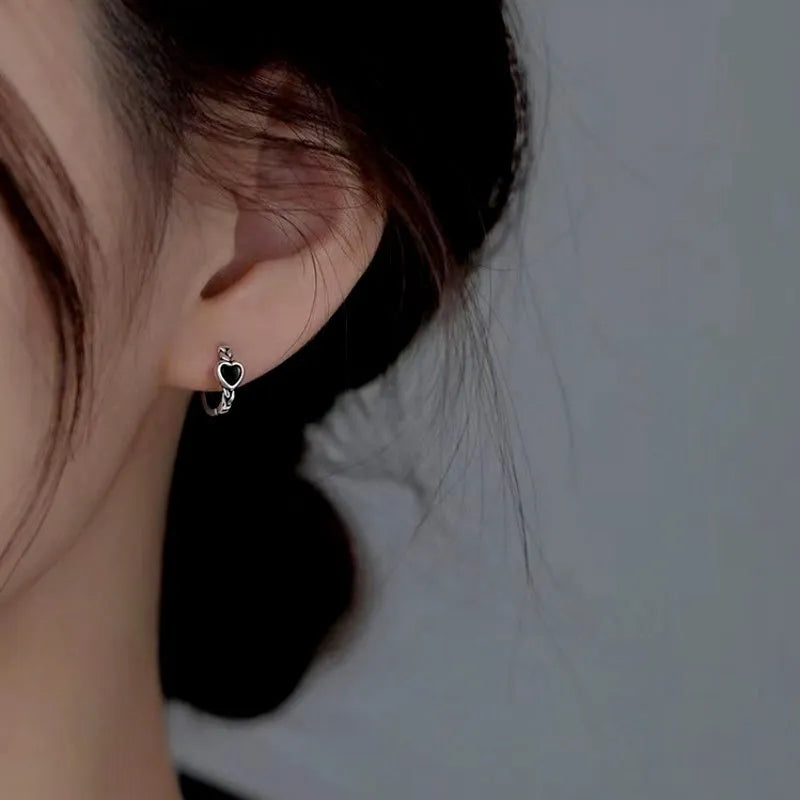 Sterling Silver Black Heart Hoop Earrings - elegant Black Heart Hoops