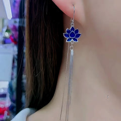 Close-up detail of the sparkling zircons and plating on the Lotus Tassel Earrings