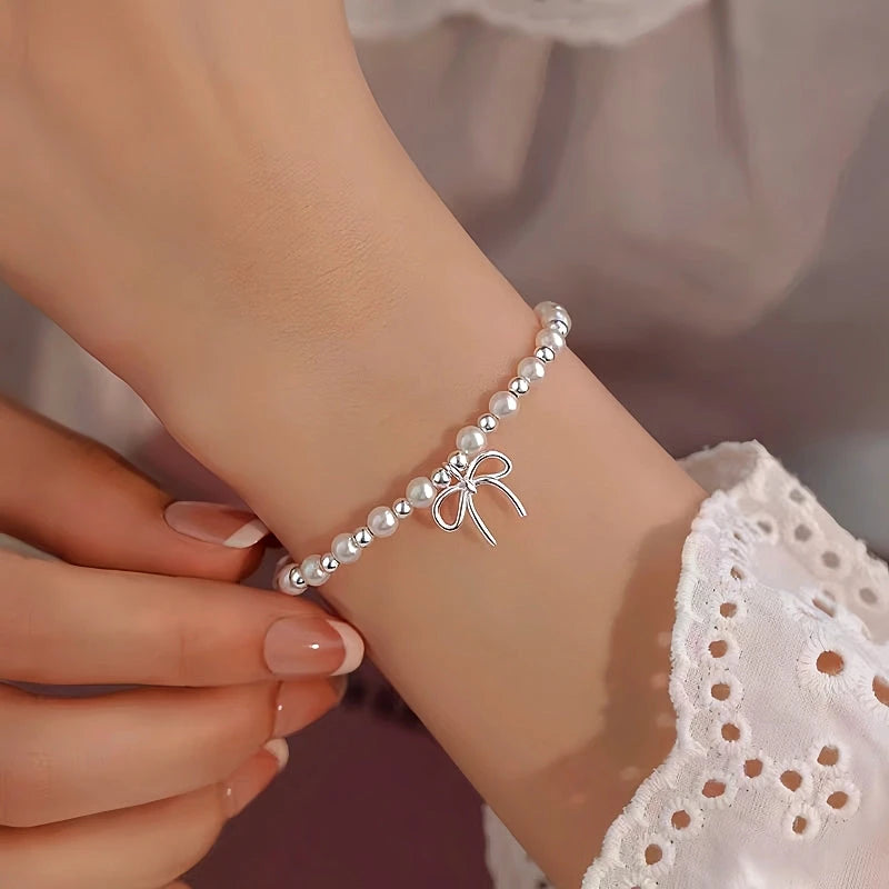 Sterling Silver Bow Pearl Bracelet - chic Bow Pearl Bracelet