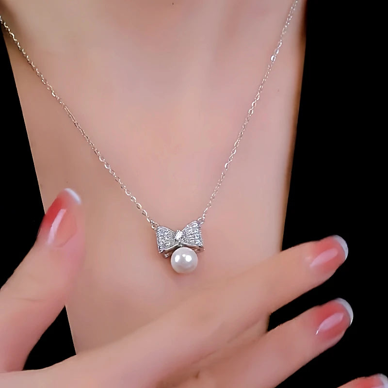 Sterling Silver Bow Pearl Necklaces - beautiful Bow Pearl Necklace