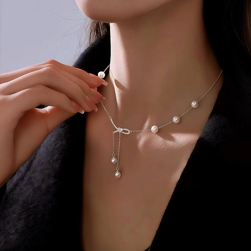 Sterling Silver Bow Pearl Tassel Necklace - beautiful Pearl Tassel Necklace