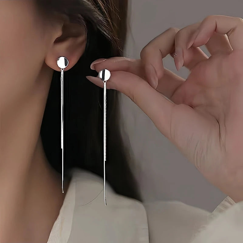 Sterling Silver Brushed Round Snake Bone Chain Tassel Earrings - elegant Snake Chain Tassel