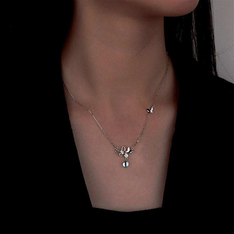Sterling Silver Butterfly Moonstone Tassel Necklace - beautiful Butterfly Moonstone Necklace