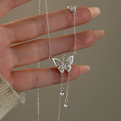 Sterling Silver Butterfly Tassel Necklace worn to showcase its length and pendant detail