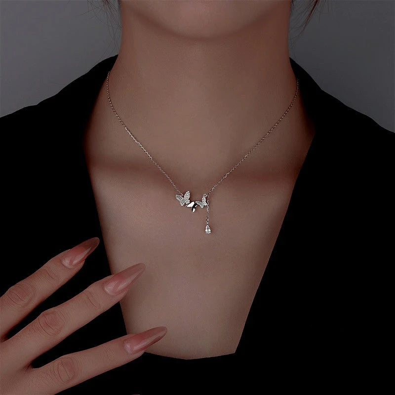 Sterling Silver Butterfly Water Drop Tassel Necklaces - beautiful Water Drop Tassel