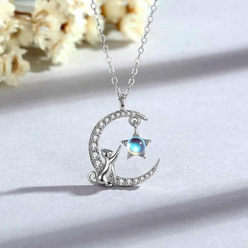Sterling Silver Cat And Moon Necklace - beautiful Cat and Moon Necklace