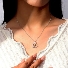 Sterling Silver Cat And Moon Necklace worn to showcase its length and pendant detail
