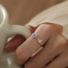 Sterling Silver Cat's Eye Diamond Butterfly Sunflower Rings - stunning Butterfly Sunflower Ring