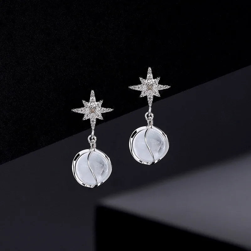 Sterling Silver Cat's Eye Stone Zircon Eight-Pointed Star Earrings - elegant Star Earrings