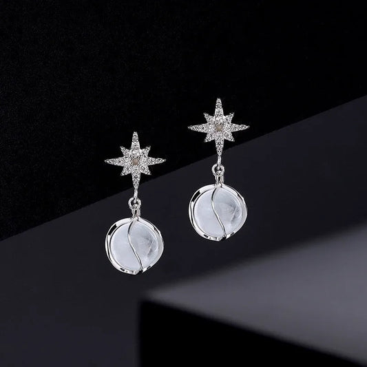 Sterling Silver Cat's Eye Stone Zircon Eight-Pointed Star Earrings - elegant Star Earrings