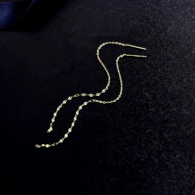 Angled view of the Sterling Silver Chain Thrreader Earrings