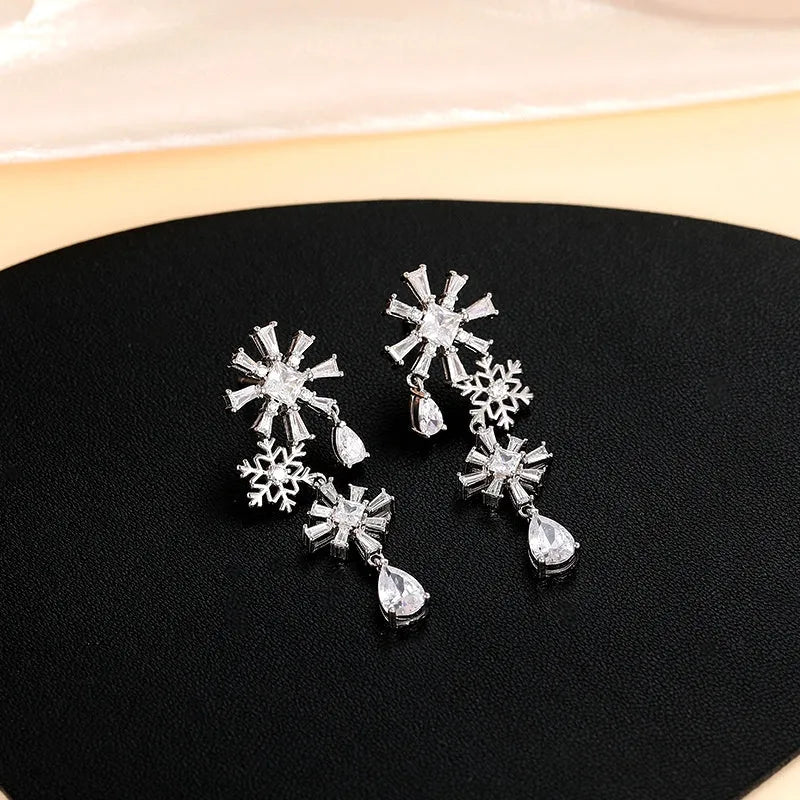 Angled view of the Sterling Silver Christmas Diamond Snowflake Earrings