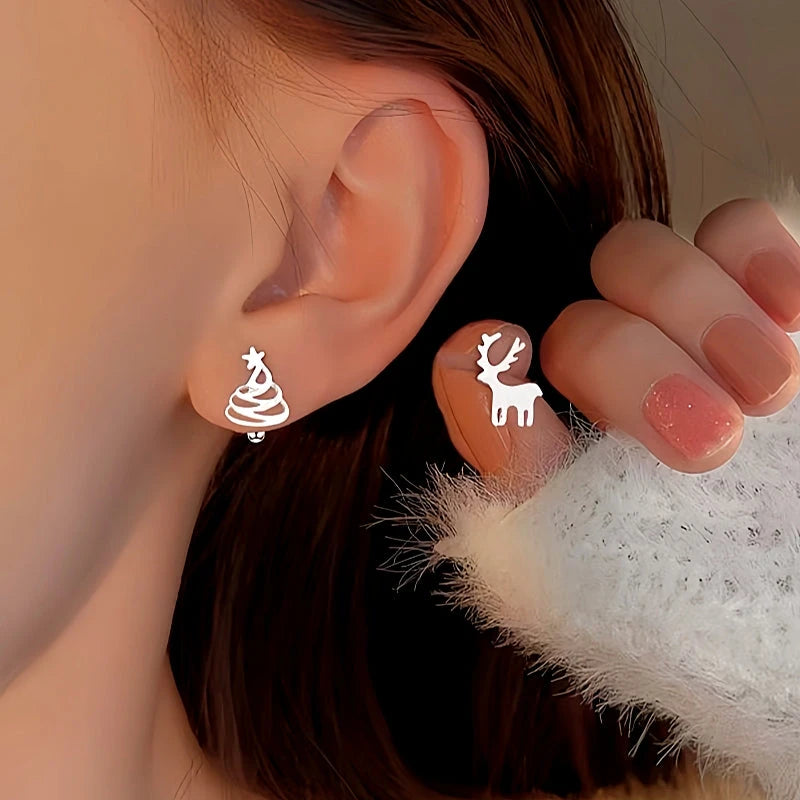 Sterling Silver Christmas Tree And Antler Asymmetrical Stud Earrings - elegant Asymmetrical Stud Earrings