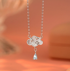 Sterling Silver Cloud Water Drop Necklace worn to showcase its length and pendant detail