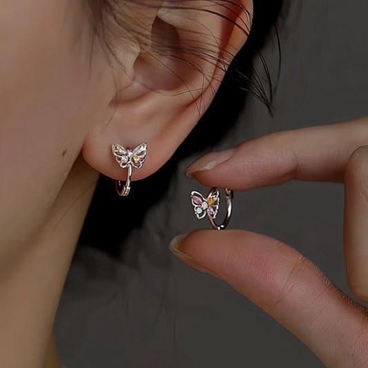 Sterling Silver Colorful Diamond Butterfly Hoop Earrings - elegant Butterfly Hoop Earrings