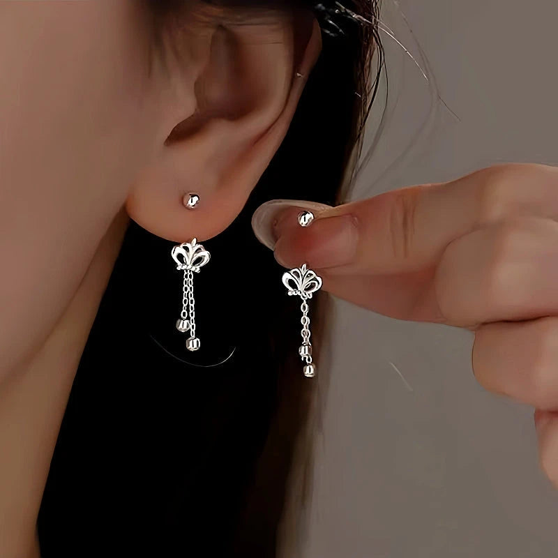 Sterling Silver Crown Tassel Screw Earrings - elegant Crown Tassel Earrings