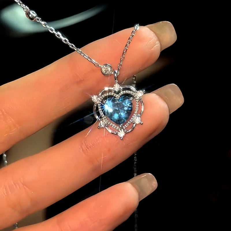 Sterling Silver Crystal Heart Necklace worn to showcase its length and pendant detail