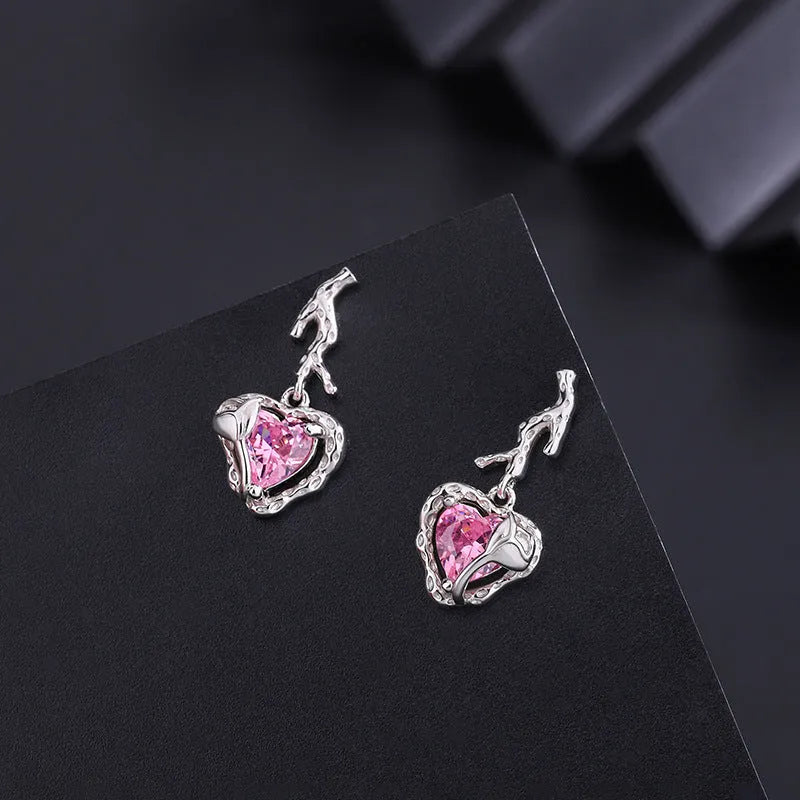 Sterling Silver Crystal Pink Heart Earrings - elegant Pink Heart Earrings