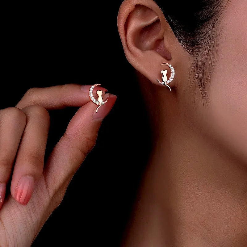 Sterling Silver Cute Cat And Moon Stud Earrings - elegant Cat and Moon Studs