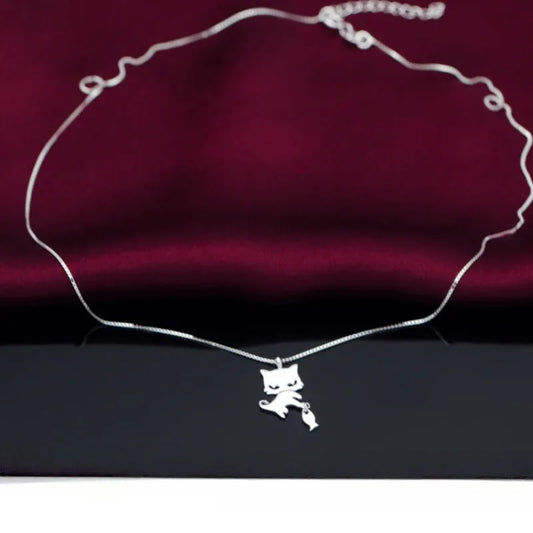 Sterling Silver Cute Kitten And Fish Necklace worn to showcase its length and pendant detail