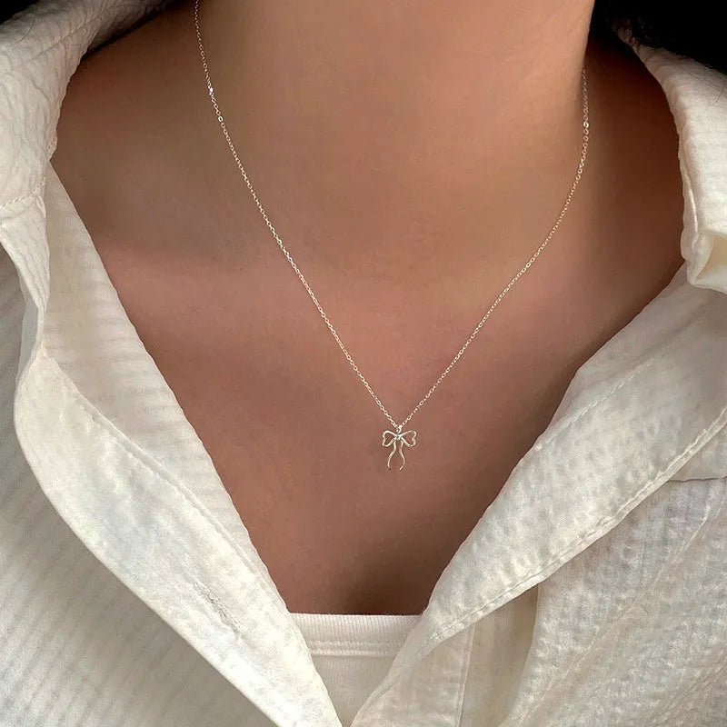 Sterling Silver Cute Simple Bow Necklace - beautiful Simple Bow Necklace