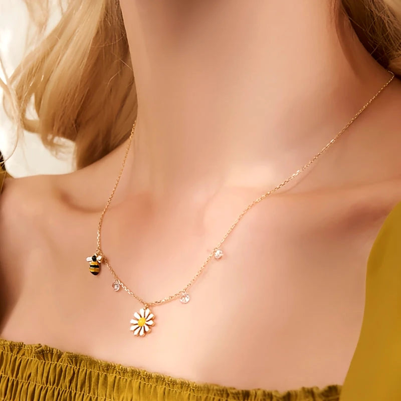 Sterling Silver Daisy Sunflower Bee Clavicle Necklaces worn to showcase its length and pendant detail