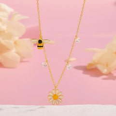 Close-up of the pendant and clasp on the Sunflower Bee Necklace