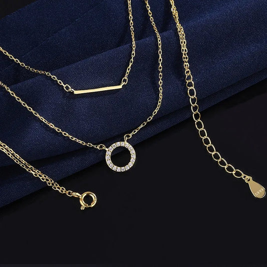 Sterling Silver Diamond-Studded Double-Layer Necklaces worn to showcase its length and pendant detail