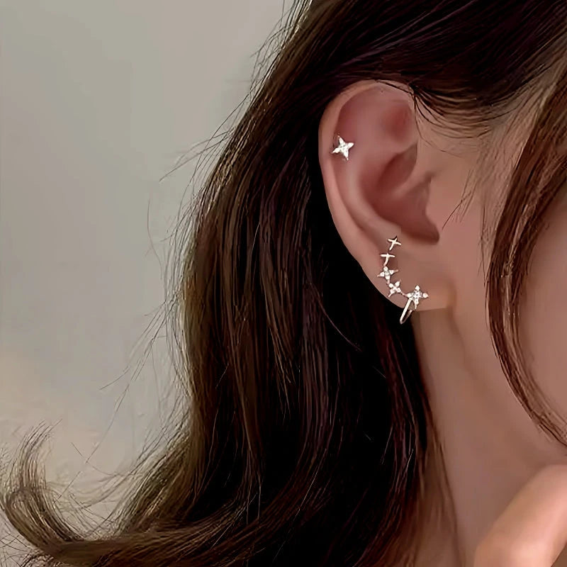 Sterling Silver Diamond And Star Crawler Earrings - elegant Star Crawler Earrings