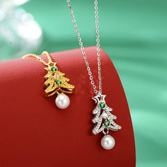 Detailed view of the Sterling Silver Christmas Damond And Pearl Tree Necklace chain and pendant