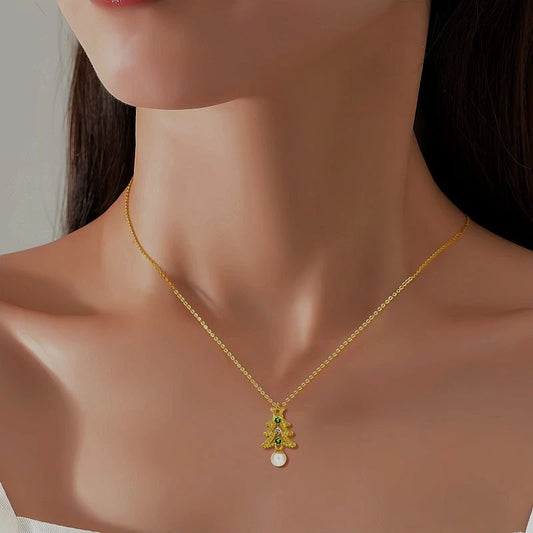 Sterling Silver Christmas Damond And Pearl Tree Necklace worn to showcase its length and pendant detail
