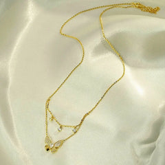 Detailed view of the Sterling Silver Diamond Double-Layer Butterfly Necklace chain and pendant