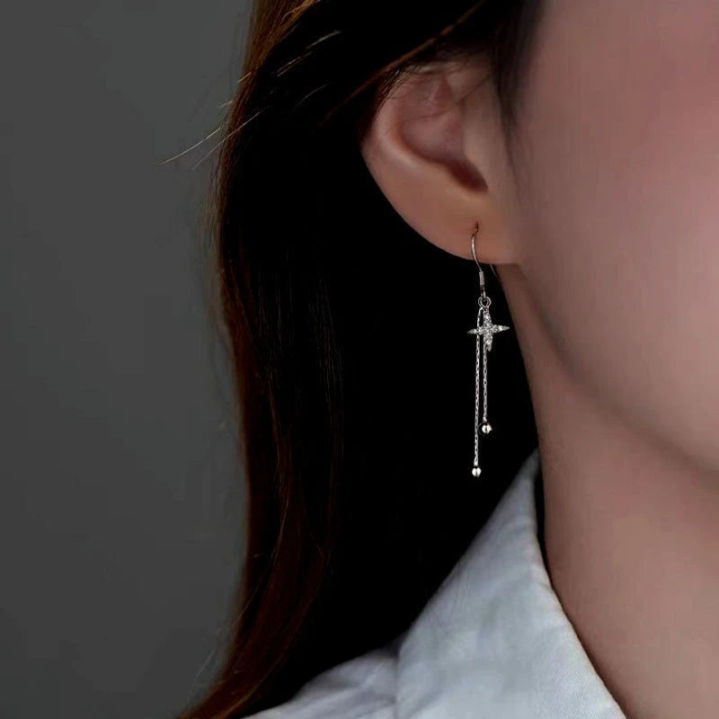 Sterling Silver Diamond Four-Pointed Star Bamboo Tassel Ear Hooks - elegant Dollar Symbol Necklace