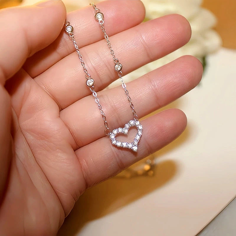 Sterling Silver Diamond Hollow Heart Necklaces - beautiful Moissanite Bracelet